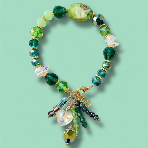 Green Swarovski Beaded Charm Bracelet - Picture 2 of 12